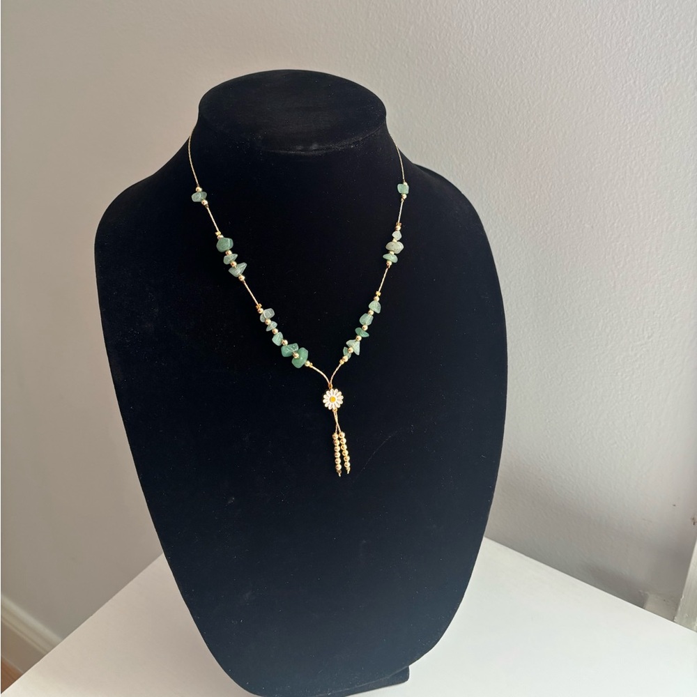 Gold Chain Necklace with Green Bead Accents and Daisy Pendant - Picture 3 of 5